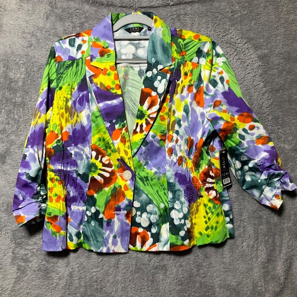 NWT Toni Morgan Shacket Vibrant watercolor Tie Dye smocked waist3/4 sleeve SZ PL - Picture 2 of 3